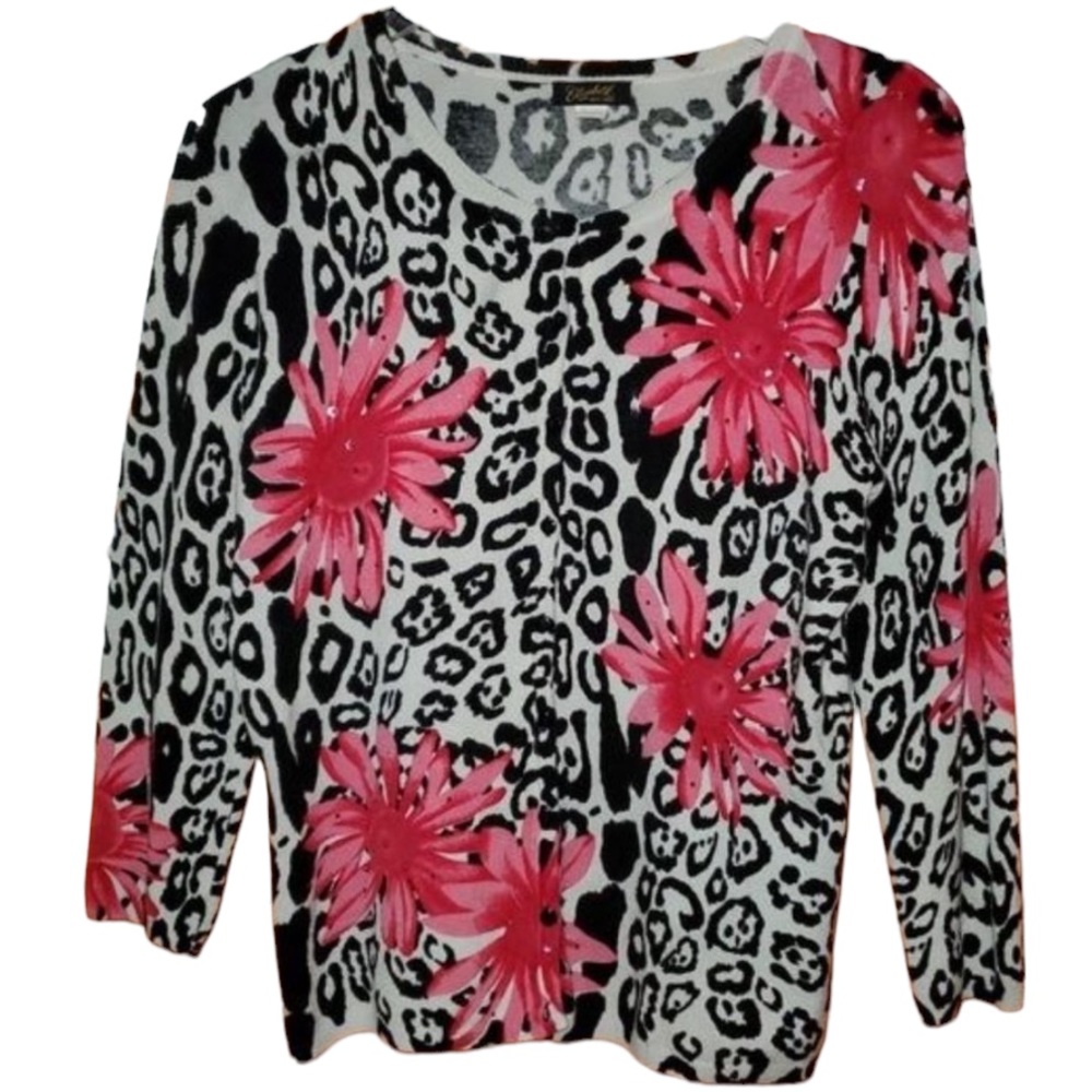 Elizabeth New York Cheetah & Hot Pink Floral Animal Print Cardigan Size as all